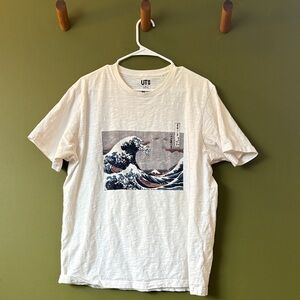 Uniqlo White Graphic Tee with Wave Design